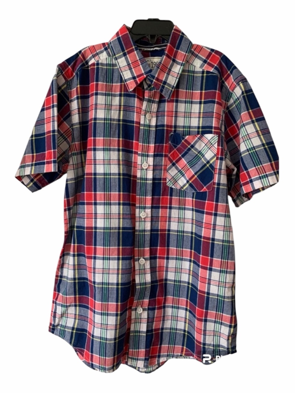 The Children's Place Boys L 10/12 Red White Blue Plaid SS Button Down Shirt